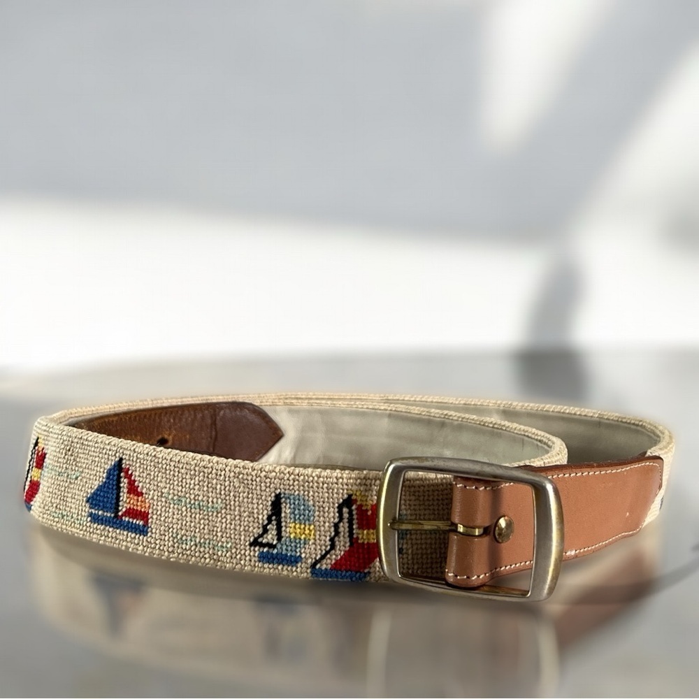 Nautical Needlepoint Tan & Blue Leather Sailboat Vintage 80’s Belt Size L/XL
